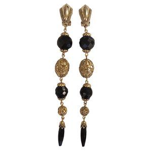 1928 Victorian Style Brass Filigree Bead Shoulder Duster Clip-On Earrings, K975